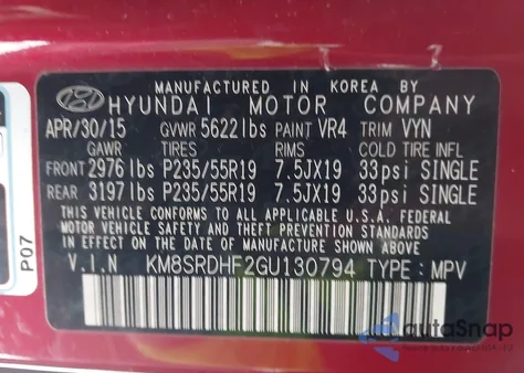 2016 Hyundai Santa Fe Limited from USA, damaged, VIN KM8SRDHF2GU130794